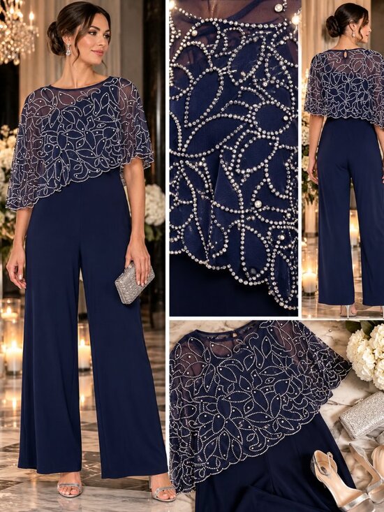 MSK Pants - MSK Navy Embellished Cape Overlay Wide Leg Jumpsuit Petite XL NWT
